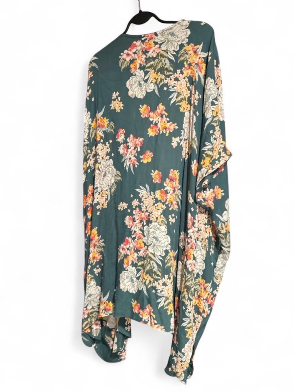 Angie Floral Kimono Duster Women’s Medium Teal Long Open Front Boho - Picture 2 of 3